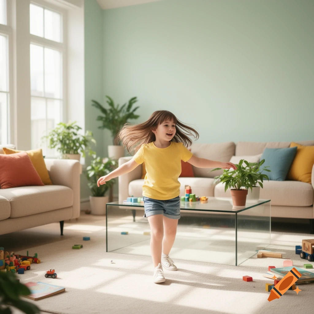 A happy young girl with long brown hair, wearing a yellow t-shirt and shorts, plays in a bright, modern living room with toys scattered on the carpet.