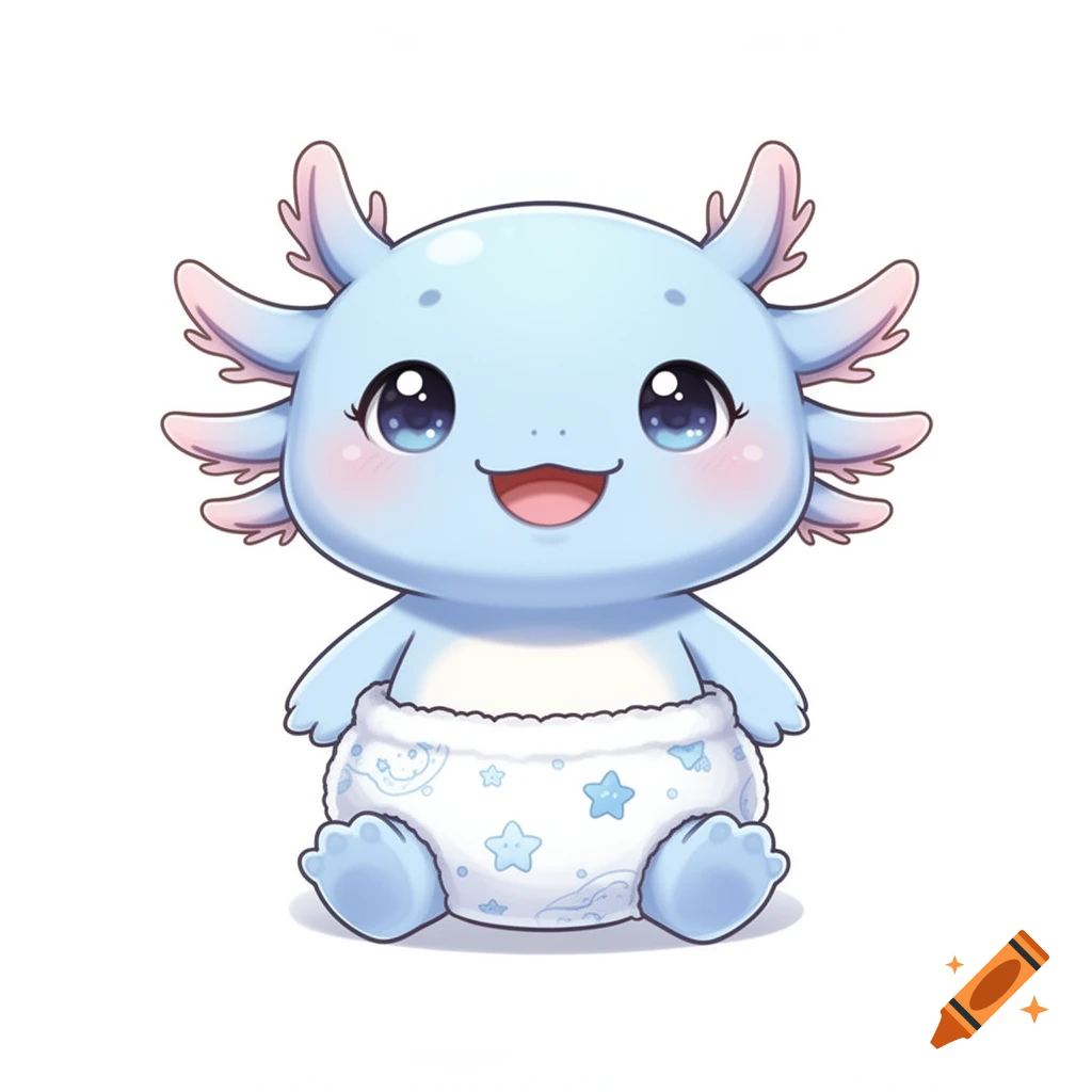 A cute chibi baby light blue axolotl with big sparkling eyes and a happy smile, wearing a white diaper with blue stars in a kawaii style.