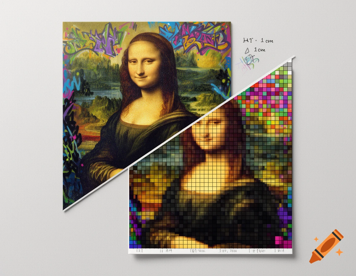 Mona Lisa artwork split diagonally; top left is graffiti style, bottom right is pixel art, on an A4 sheet with measurement annotations.
