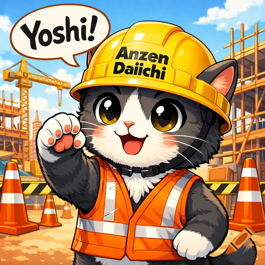 A cute cartoon tuxedo cat in a hard hat and safety vest raises a paw at a construction site, with a speech bubble saying 'Yoshi!'