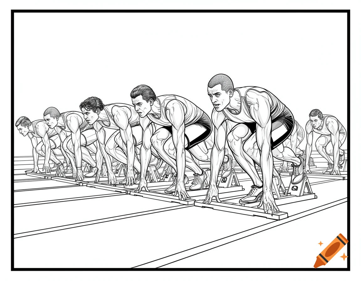 Black and white line art coloring page showing multiple male sprinters in starting blocks on an athletics track, ready to race.