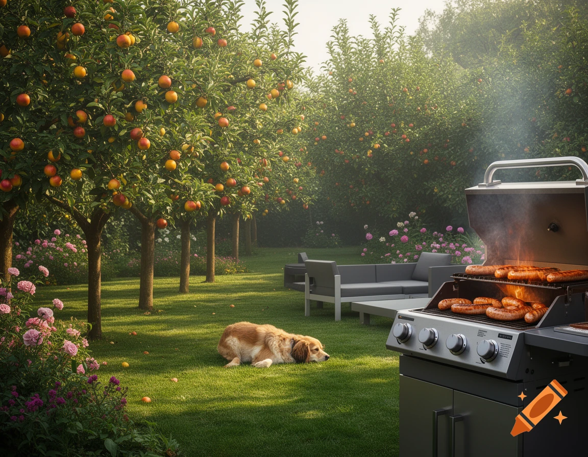 A golden retriever dog relaxes on a green lawn in a sunny orchard with fruit trees, while a barbecue grills sausages and outdoor furniture sits nearby.