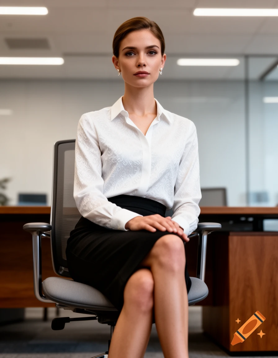A photorealistic portrait of a professional woman in a white shirt and black skirt, seated in an office chair.