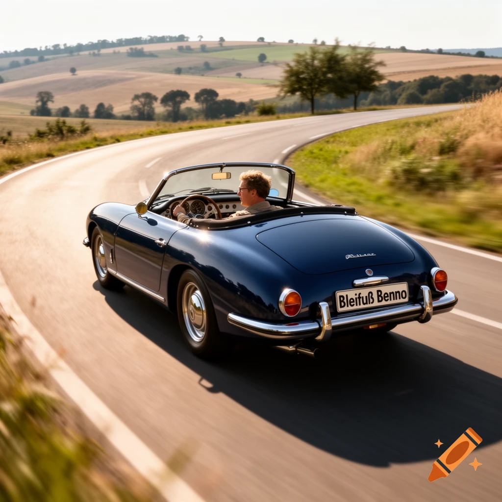 A man drives a vintage blue convertible car down a winding road through golden fields under a clear sky.