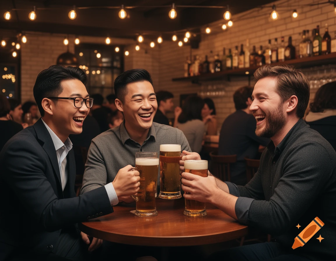Three diverse men laughing and toasting with beer mugs in a dimly lit bar, photorealistic.