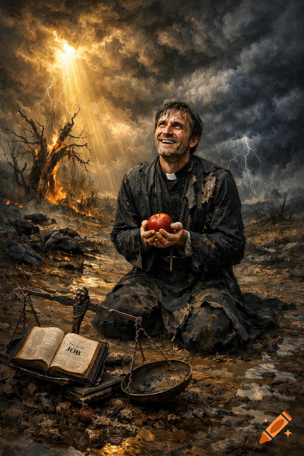 A distressed priest kneels, holding a red apple, amidst a burning, lightning-struck landscape. An open Bible to 'JOB' sits on scales in the foreground.