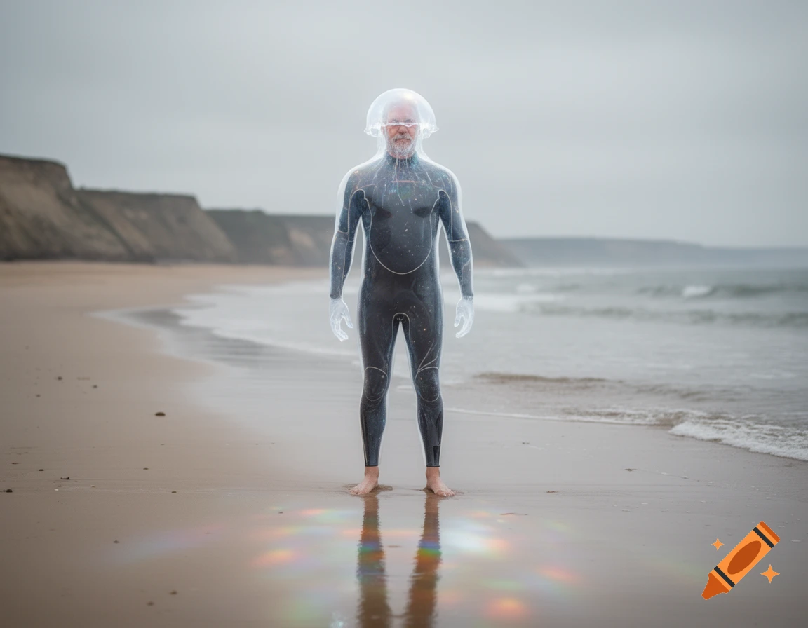 A man in a black wetsuit with a transparent jellyfish helmet and glowing hands stands on a sandy beach.