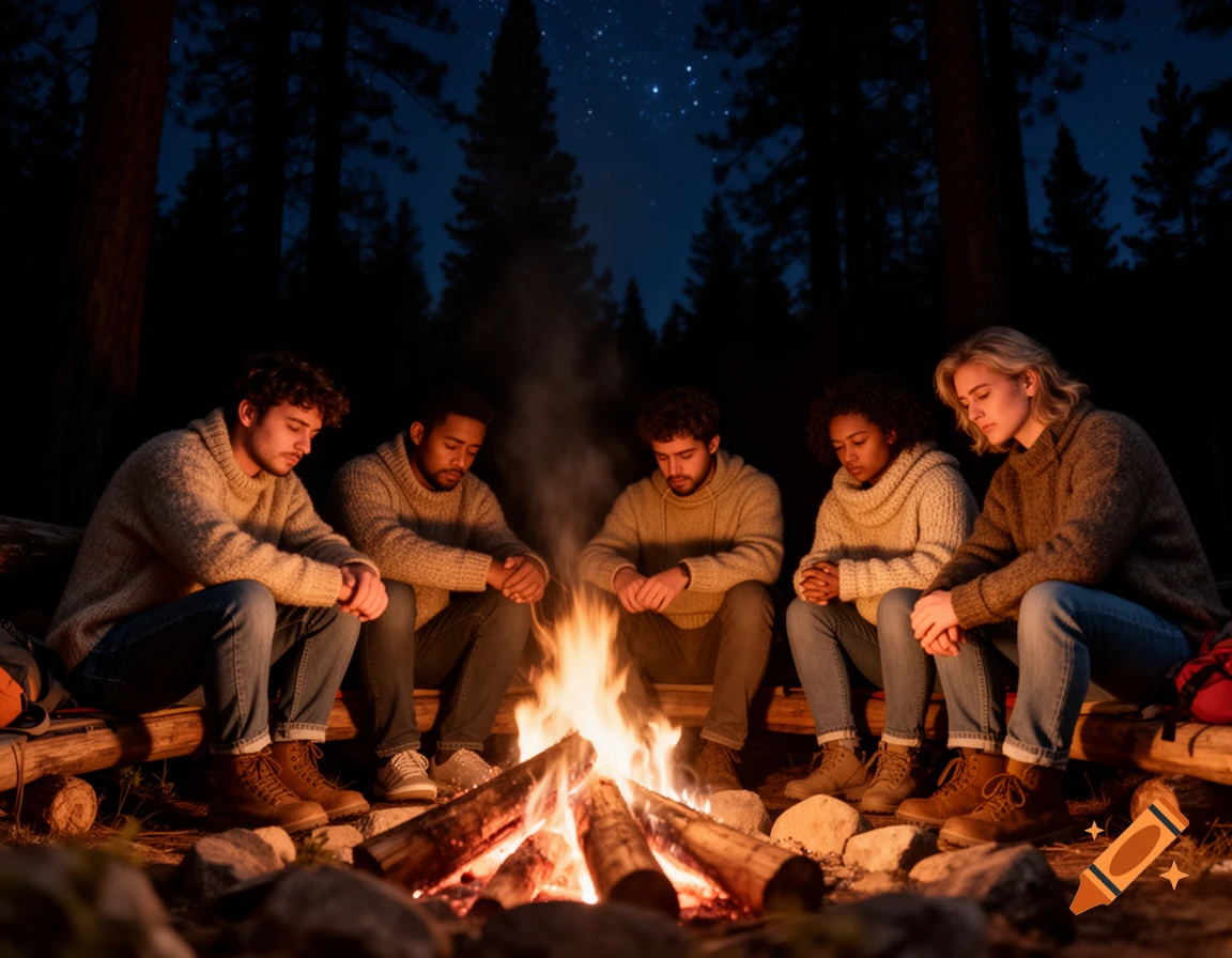 Diverse friends sit around a campfire at night in a forest, looking grim and pensive. Photorealistic.
