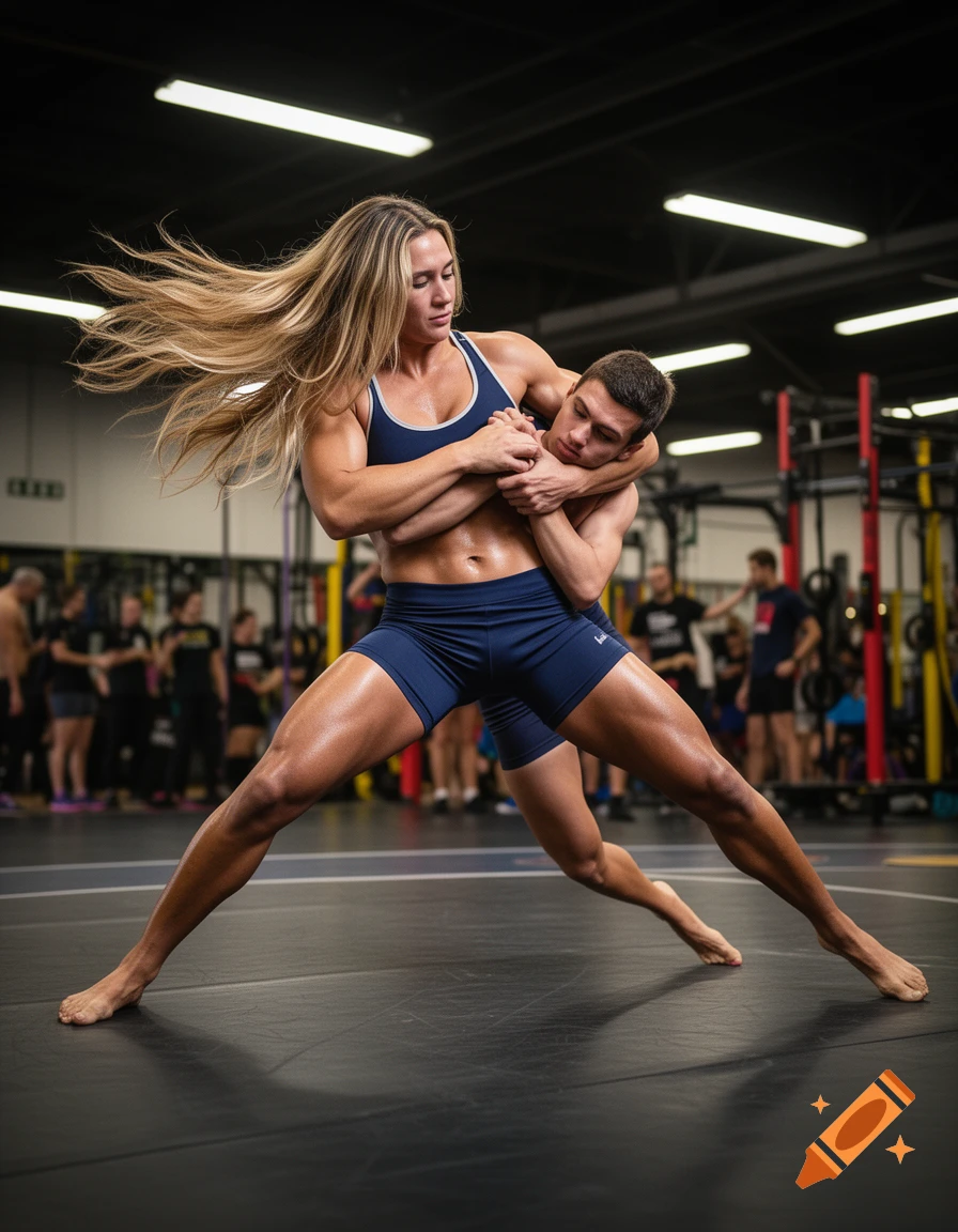 A muscular blonde woman with toned abs, wearing a sports bra and shorts, wrestles a smaller man in a gym, her hair flowing as she grapples him.