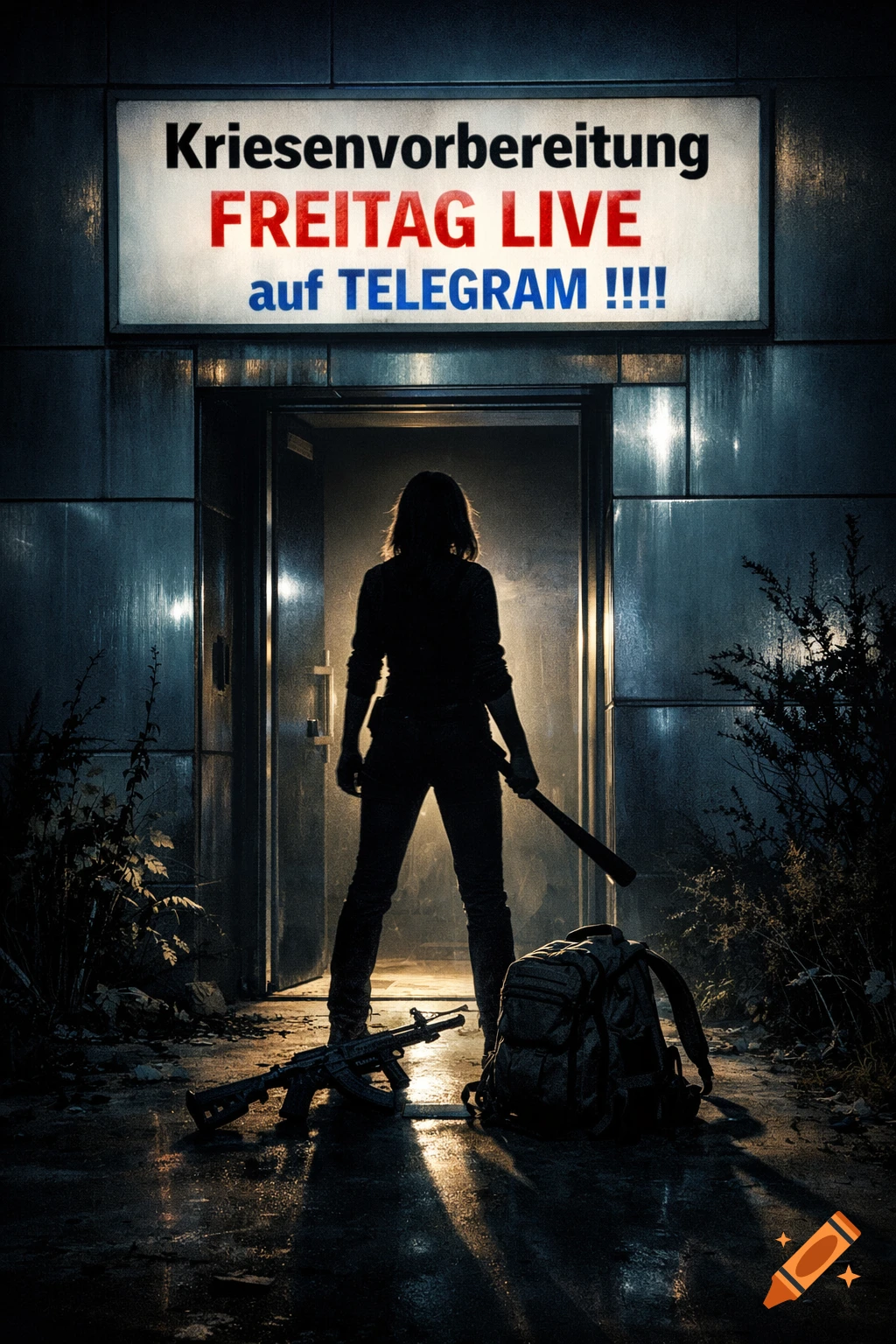 A silhouetted person stands in a doorway, holding a baseball bat, with a rifle and backpack on the ground. A sign above reads "Kriesenvorbereitung FREITAG LIVE auf TELEGRAM !!!!"