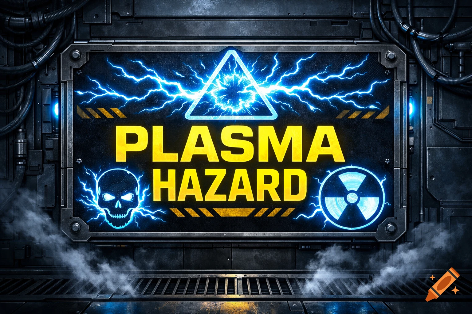 A glowing 'PLASMA HAZARD' warning sign with lightning bolts, a skull, and a radiation symbol on a metallic industrial background with smoke.