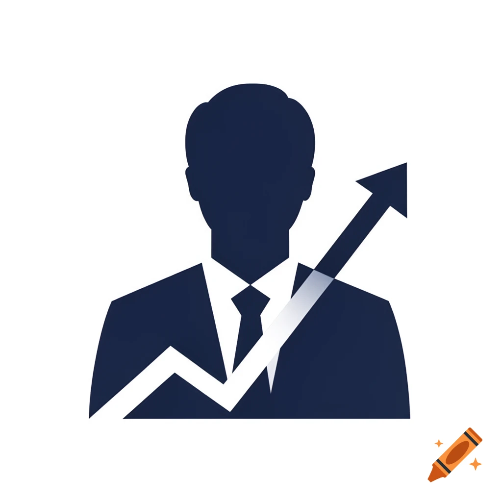 A minimalist flat design icon features a navy blue silhouette of a businessman with a white upward arrow symbolizing career growth.