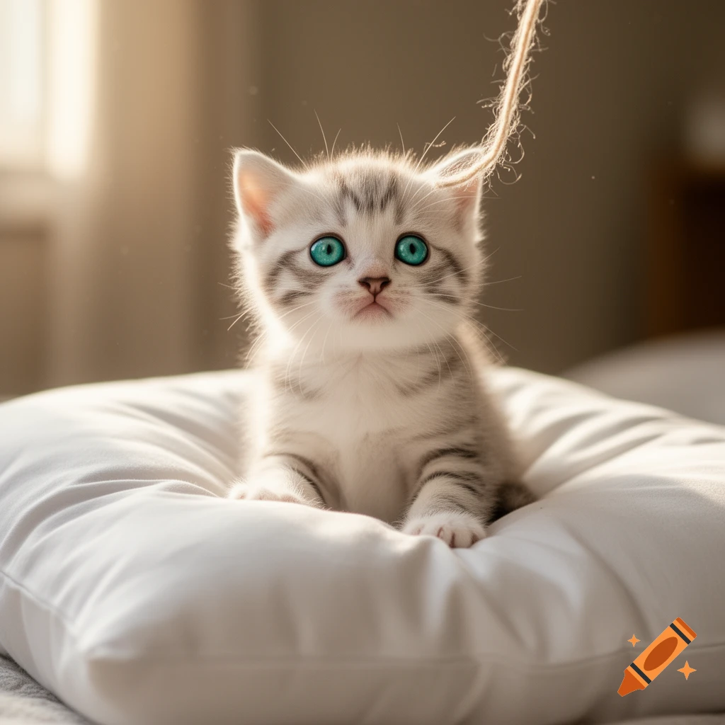 A fluffy white and grey tabby kitten with bright blue eyes sits on a white pillow, looking up at a string. Photorealistic.