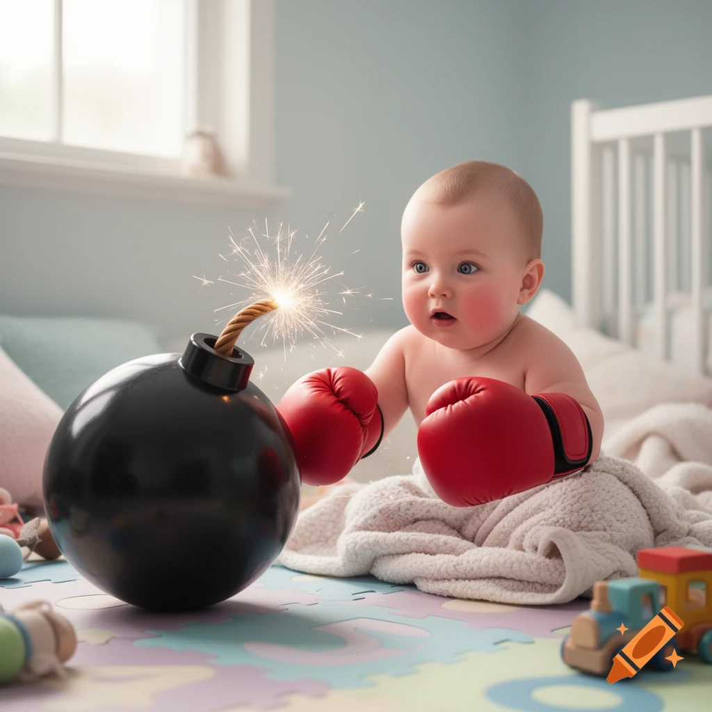 A cute baby wearing red boxing gloves stares wide-eyed at a stylized black bomb with a lit, sparking fuse on a colorful playmat.