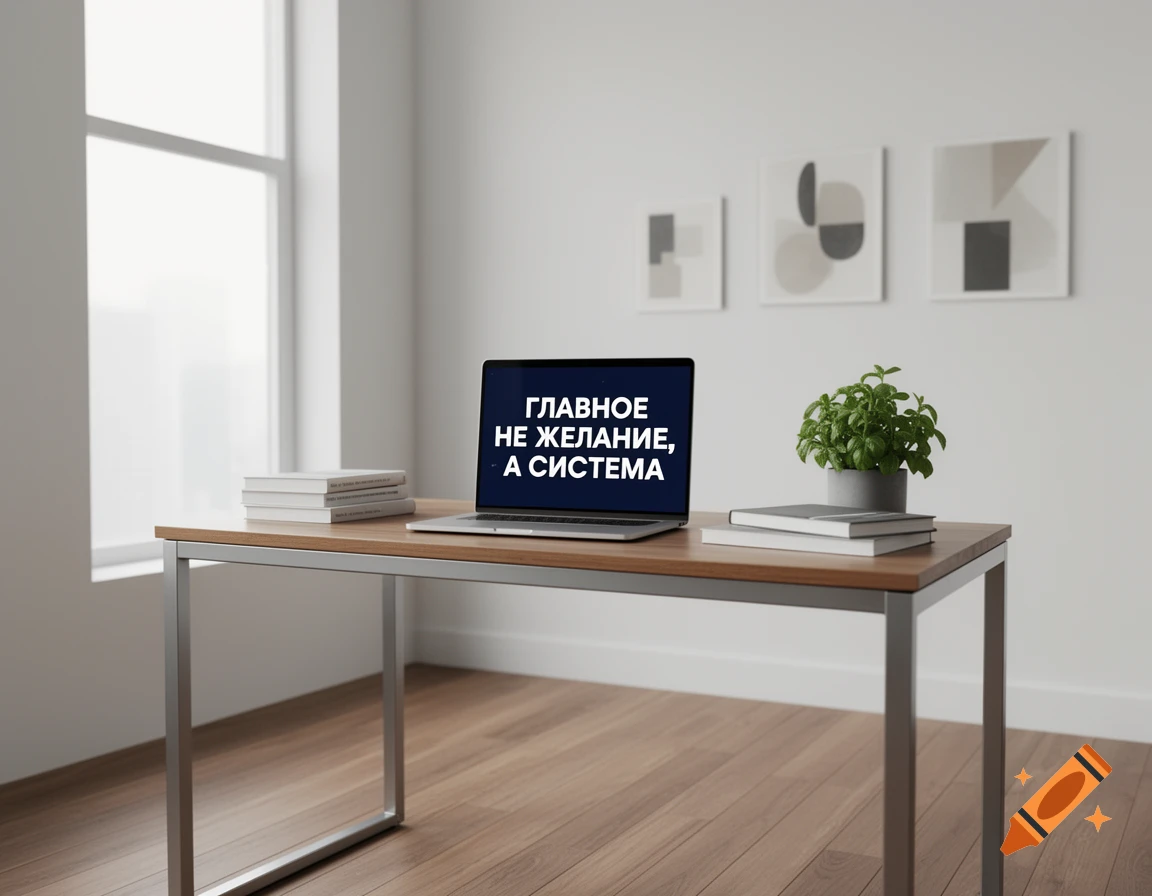 A laptop on a minimalist wooden desk in a bright office, displaying text in Russian.