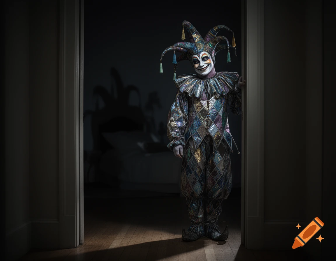 A colorful, menacing jester with a painted smile emerges from a dark doorway into a dimly lit bedroom.
