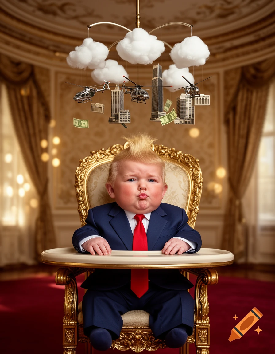 Photorealistic image of a baby resembling Donald Trump in a suit and tie, sitting in a golden high chair with a mobile of buildings, helicopters, and money.
