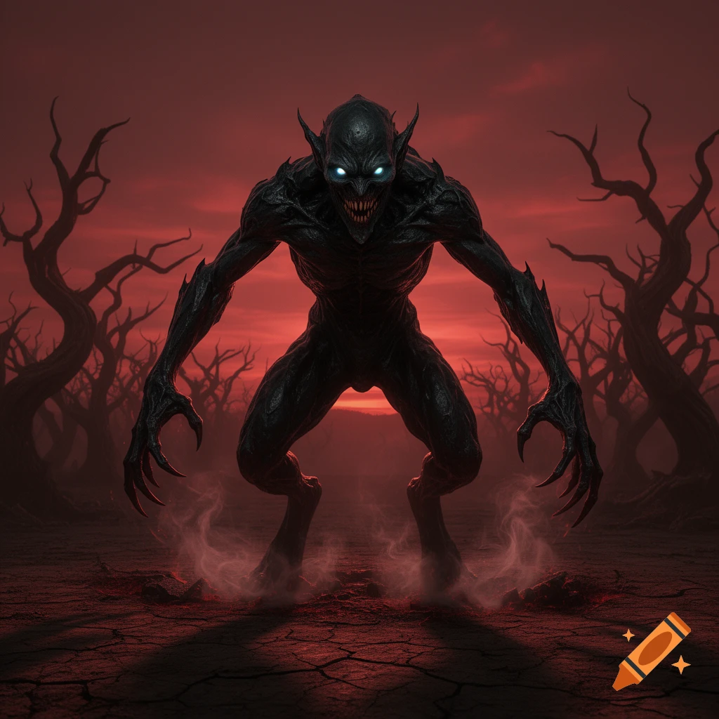 A menacing dark creature with glowing blue eyes and sharp teeth ...
