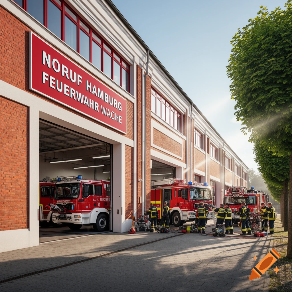 Photorealistic image of a fire station with red brick facade, red fire trucks, and firefighters in uniform standing outside under a clear sky.