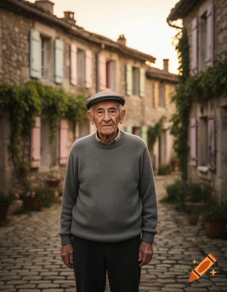 A deeply wrinkled old man in a grey sweater and flat cap stands on a cobblestone street with stone buildings in the background.
