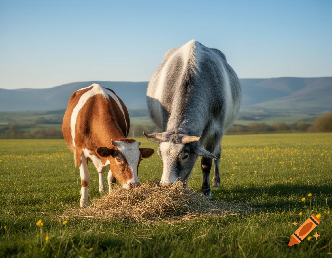 Two cows, one brown and white, one grey, eating hay in a grassy field with yellow flowers, rolling hills in background. Photorealistic.
