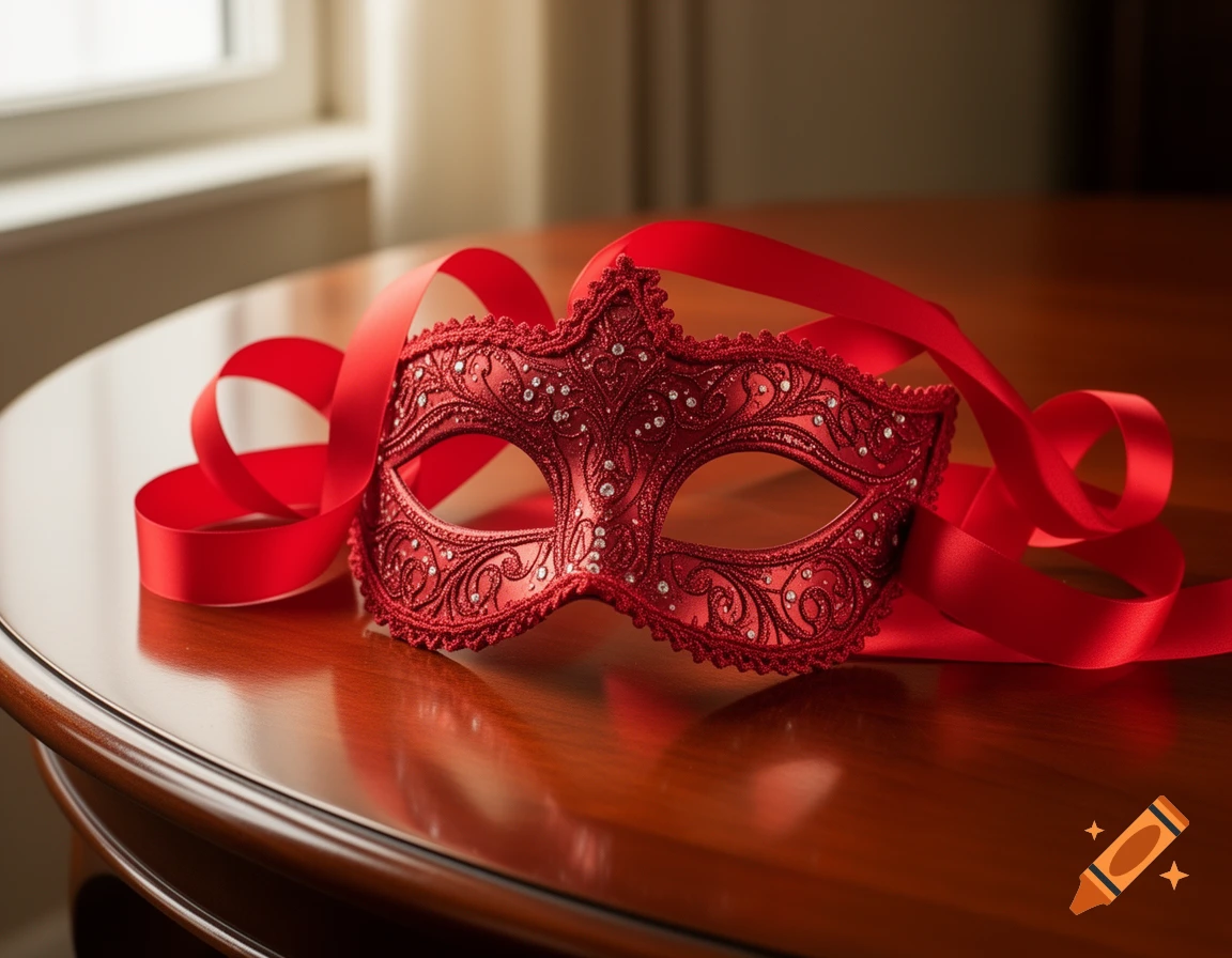 A red ornate masquerade mask with jewels and a red satin ribbon lie on a polished wooden table.