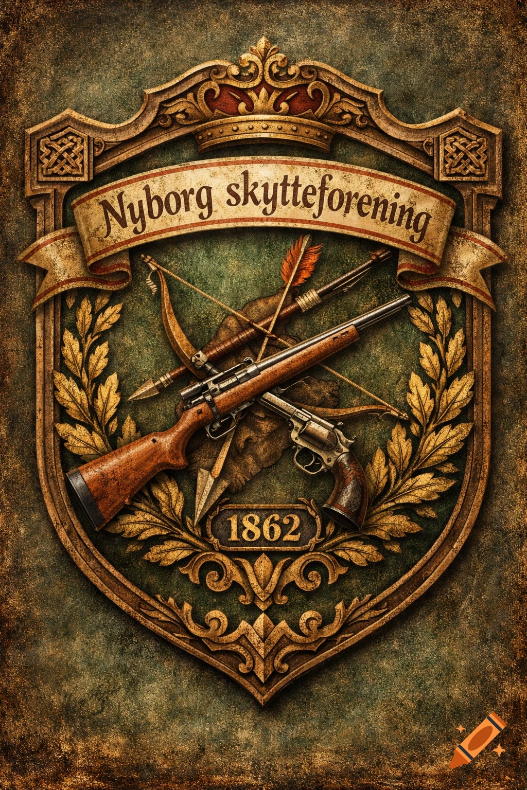 Ornate vintage crest featuring a rifle, pistol, bow, arrows, and olive branches, with text 'Nyborg skytteforening' and '1862'.