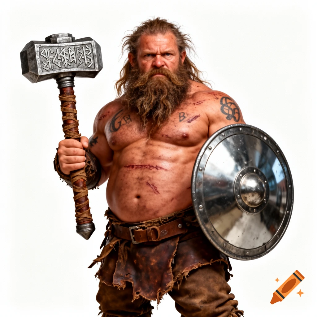 A muscular, bearded barbarian with battle scars holds a large war hammer and a silver shield against a white background.