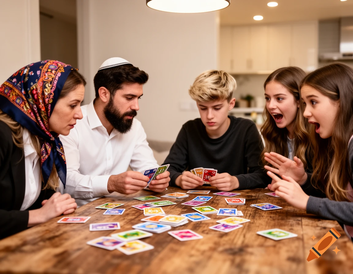 A Jewish family plays a card game around a wooden table in a home. The mother wears a tichel, the father a kippah, and the children show excited expressions.