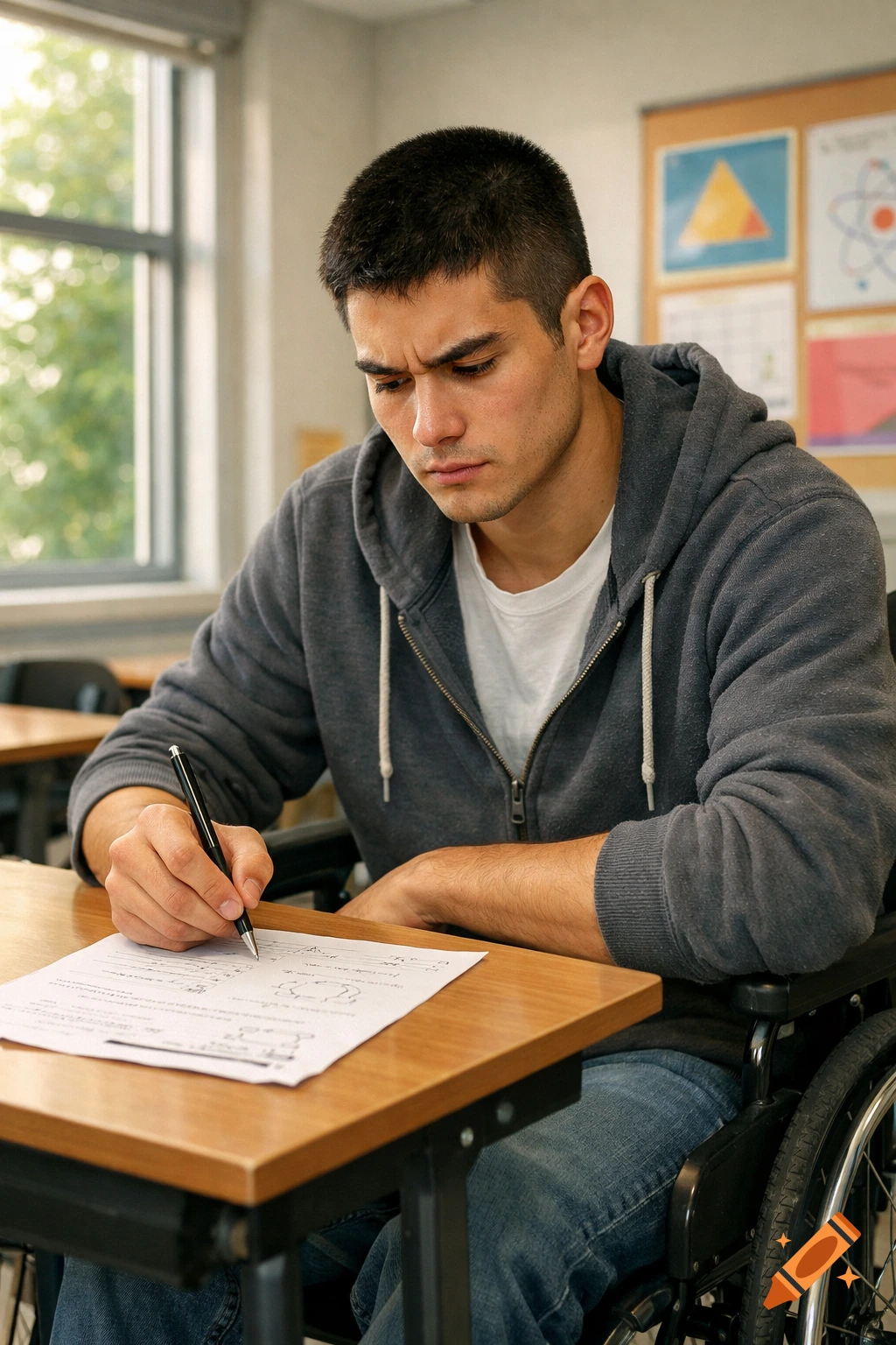 A young man with a buzzcut, wearing a grey hoodie, sits in a wheelchair at a classroom desk, concentrating as he writes on a test paper.