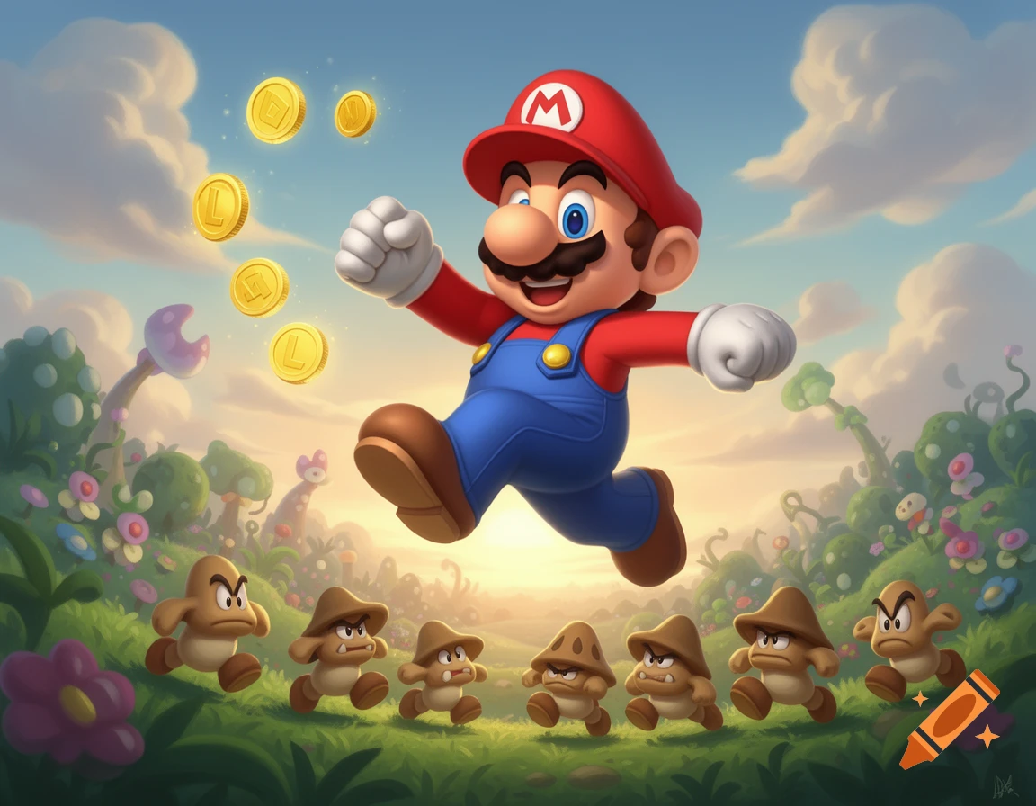 Mario jumps to collect gold coins above a line of Goombas in a vibrant, whimsical landscape.