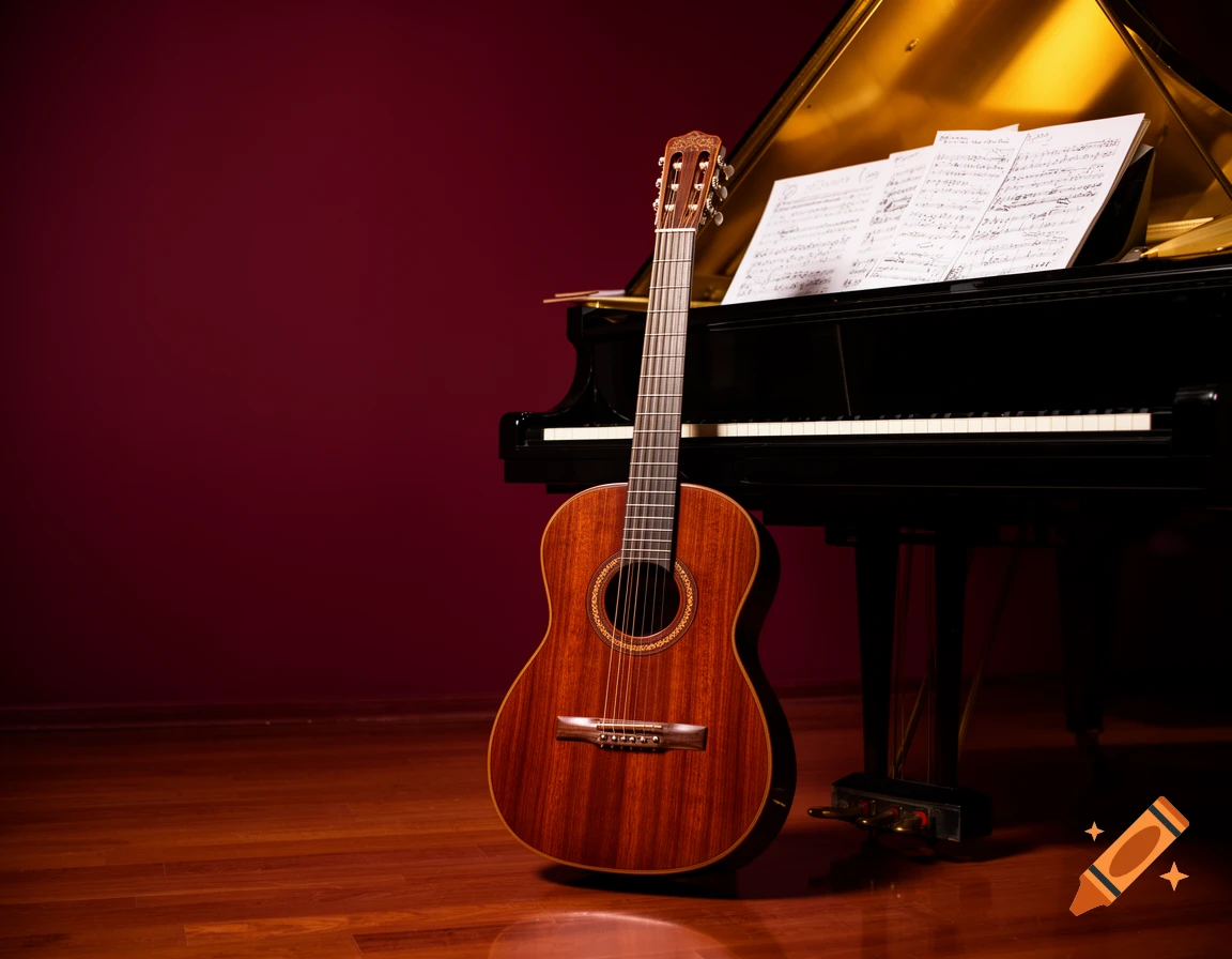 A classical guitar stands beside a grand piano with sheet music on a wooden floor against a deep red wall.