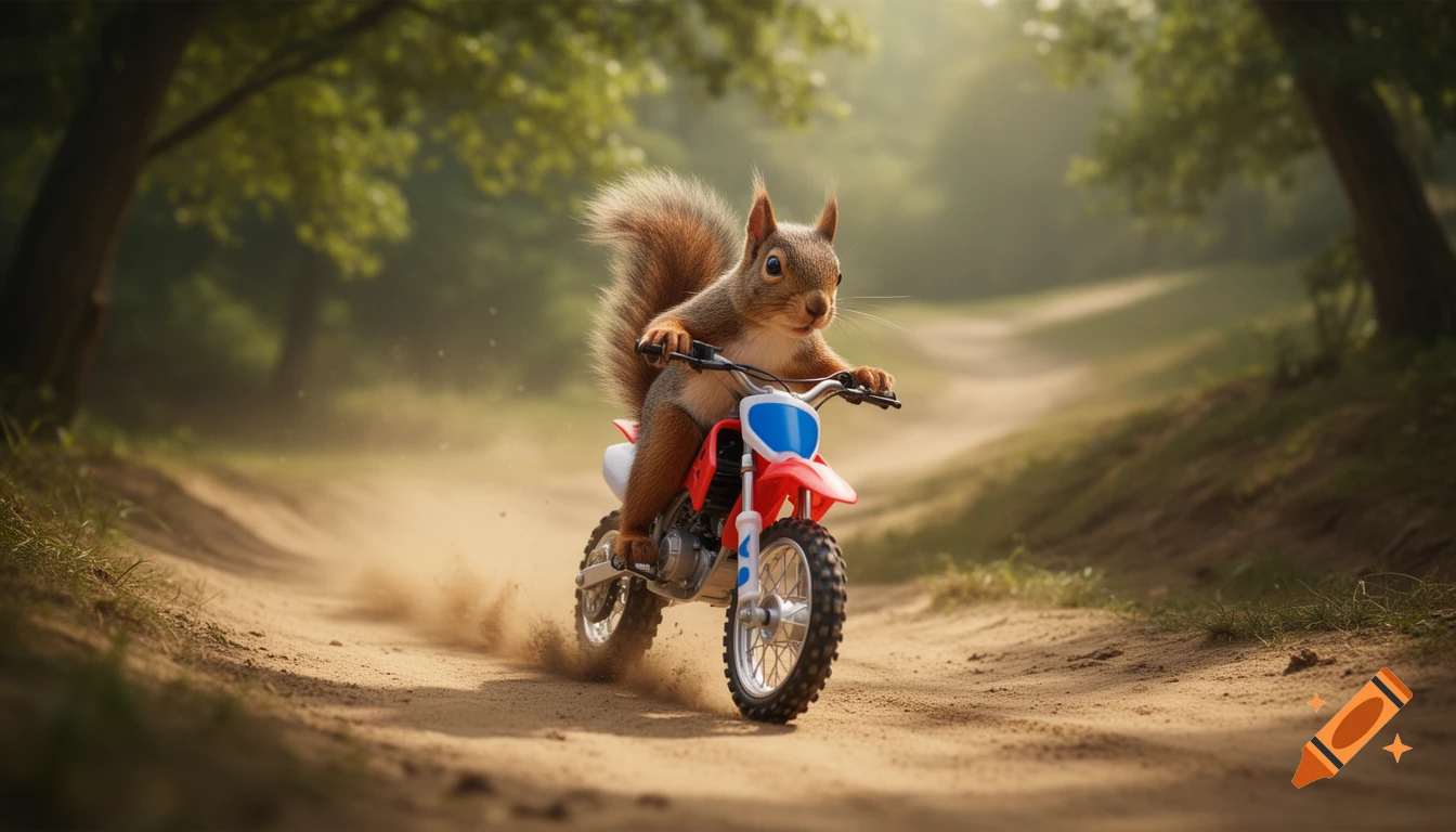A photorealistic squirrel rides a red and blue dirt bike down a dusty dirt path, kicking up dust in a sunlit forest.