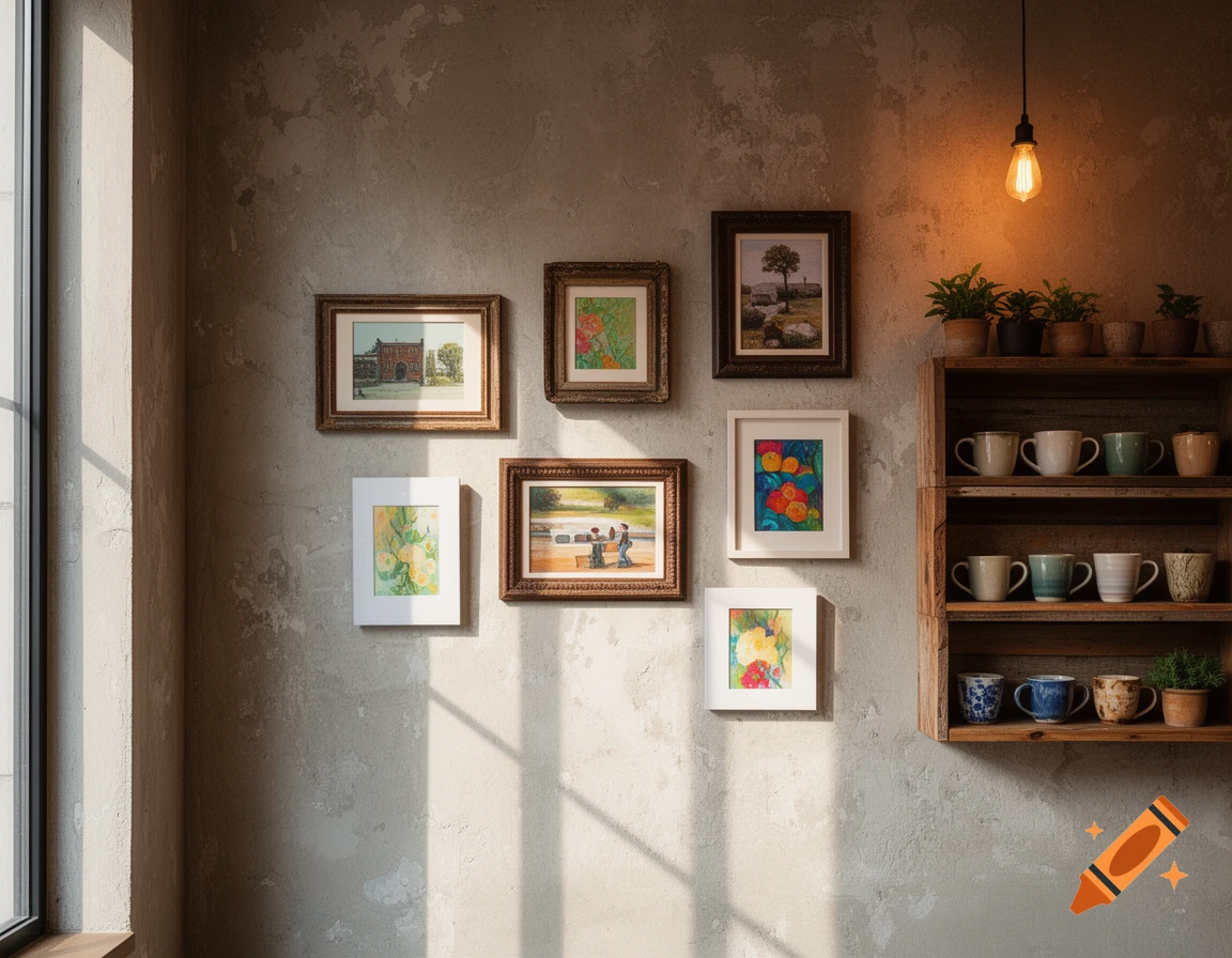 A sunlit cafe wall with framed art, a hanging light bulb, and a wooden shelf displaying mugs and potted plants.