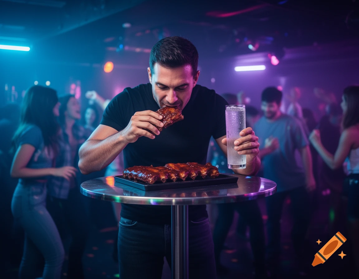 A man eats ribs and drinks from a glass at a high-top table in a dimly lit discotheque with people dancing in the background, bathed in blue and purple light.