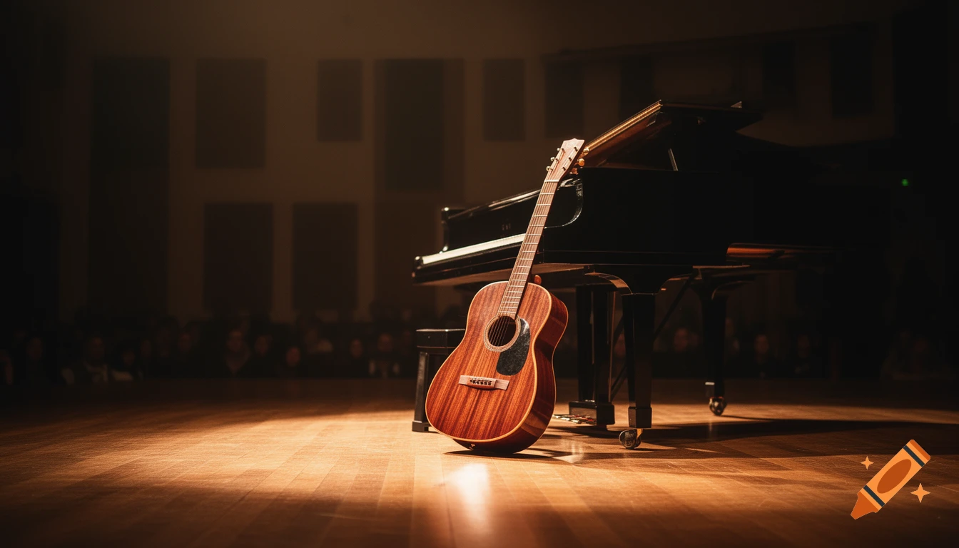 A spotlight illuminates an acoustic guitar leaning against a grand piano on a wooden stage with a blurred audience in the background.