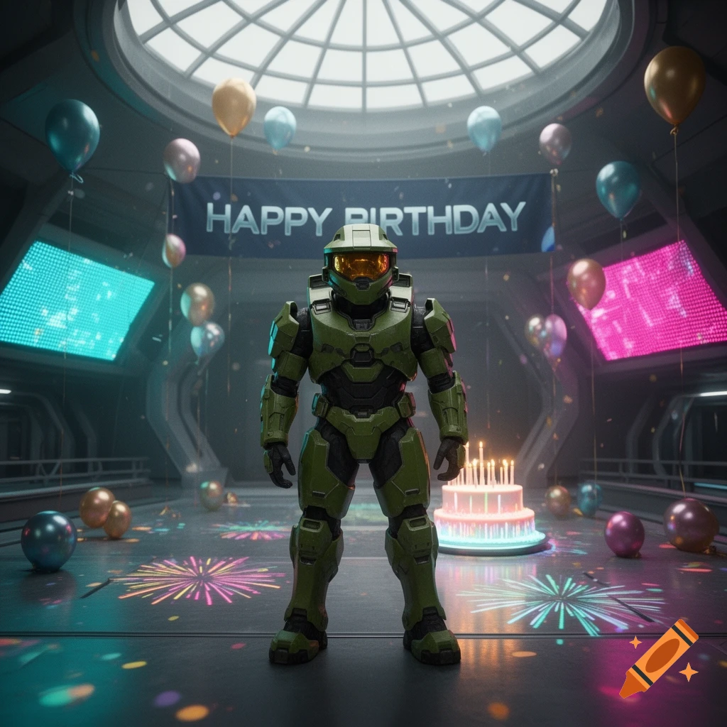 Master Chief in a futuristic room with balloons, a "HAPPY BIRTHDAY ...