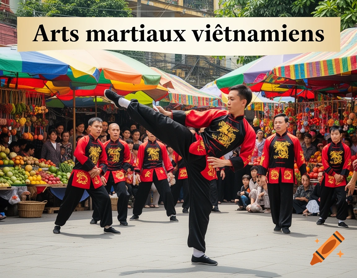 Vietnamese martial artists in red and black uniforms perform a high kick in a bustling market.