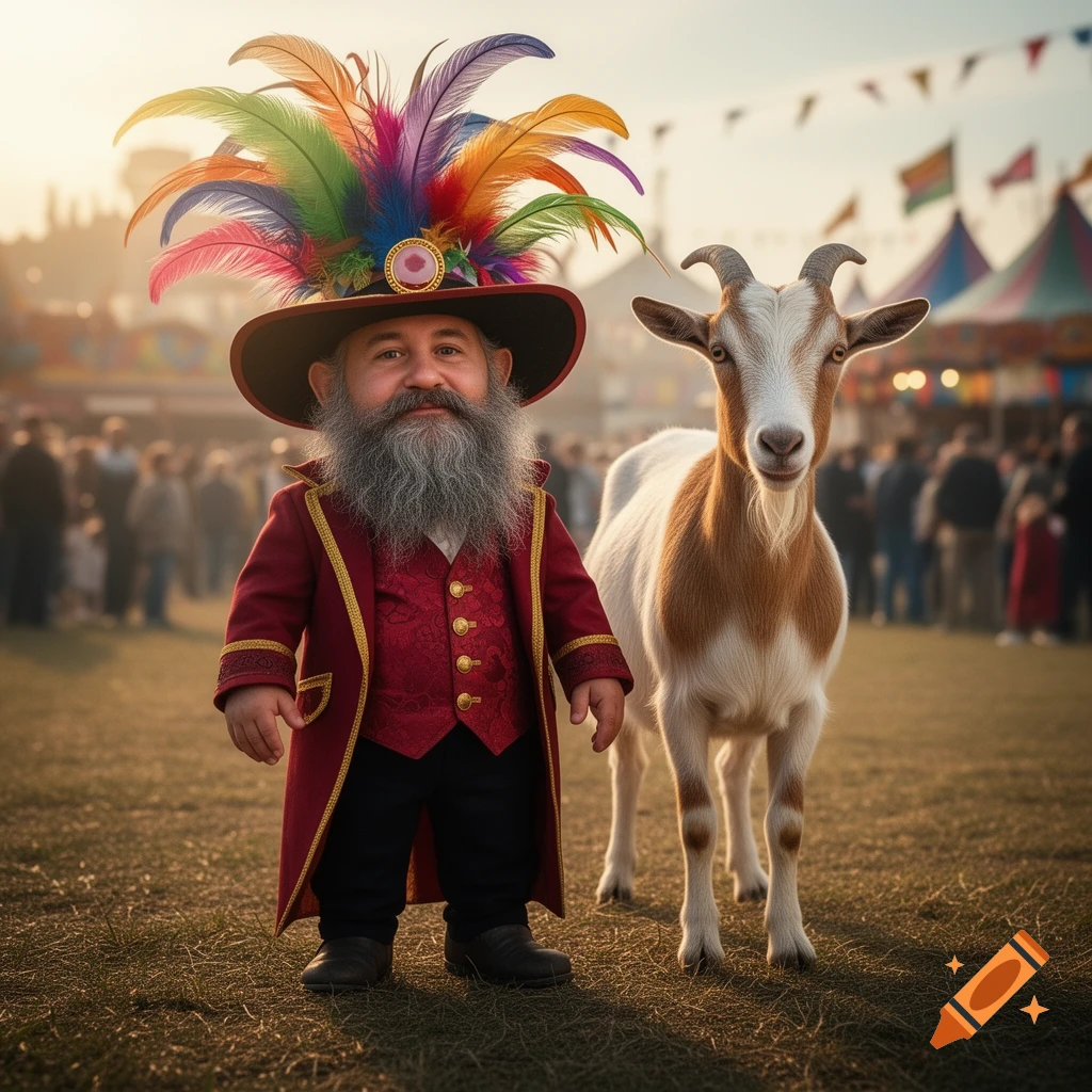 A bearded gnome in a red ringmaster coat and a hat with colorful feathers stands next to a white and brown goat at a sunny fairground.