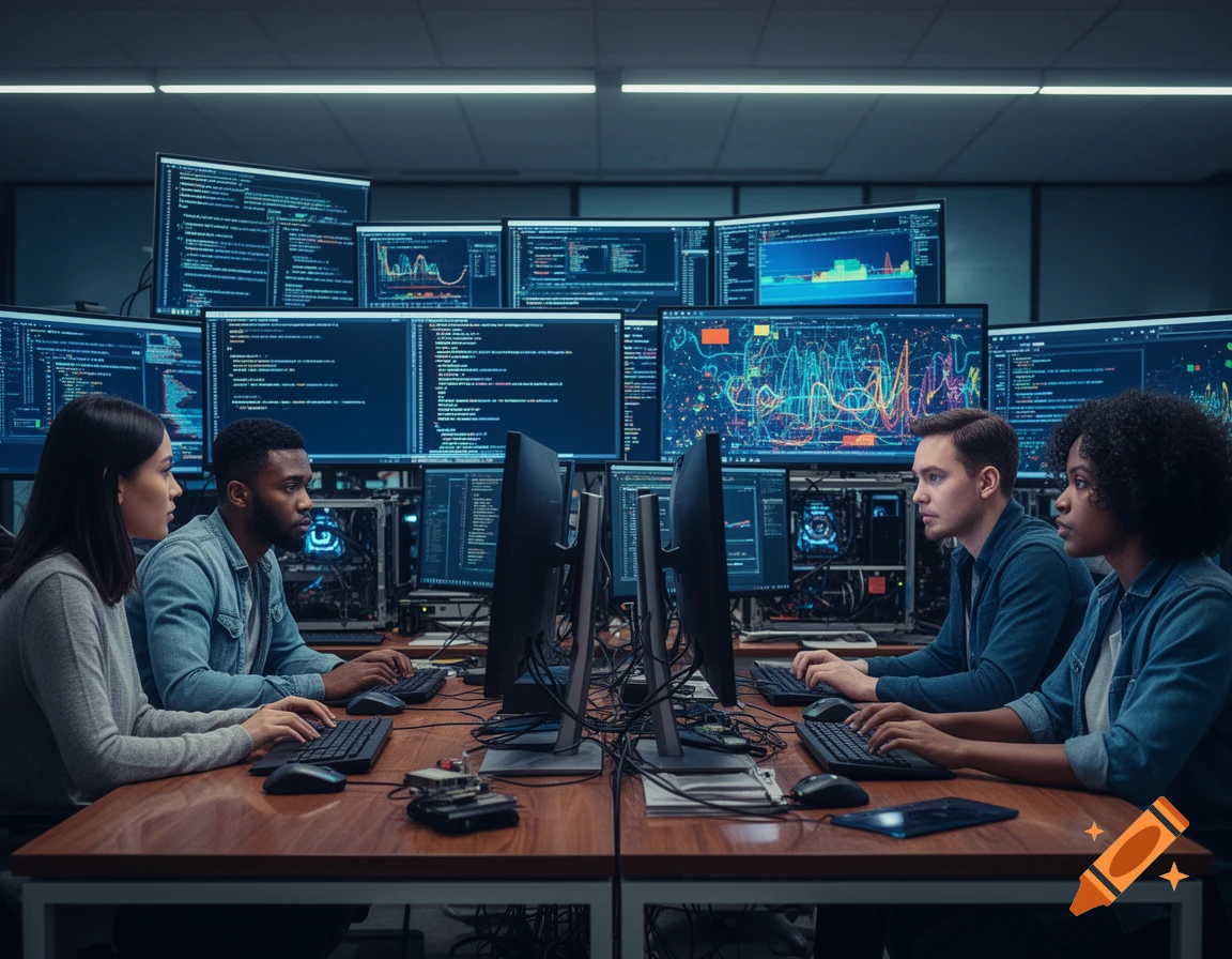 Four diverse people, two men and two women, sit at a long desk in a dark room, working on computers surrounded by multiple screens displaying code and graphs.