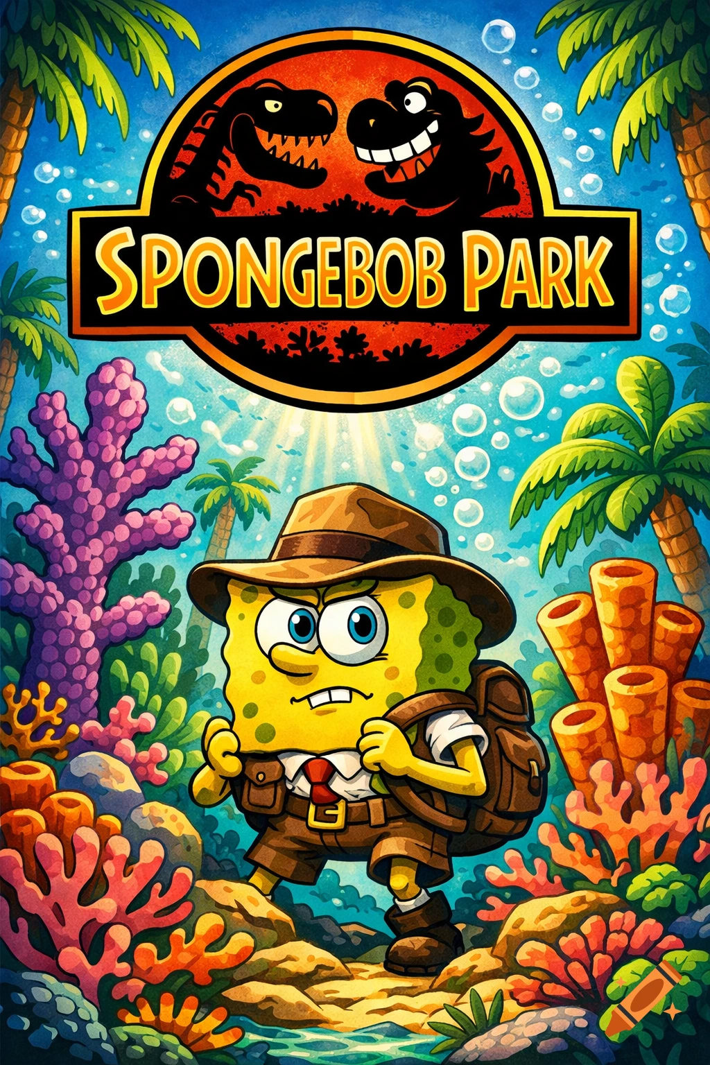 Cartoon poster of explorer SpongeBob in an underwater jungle with a 'SpongeBob Park' logo featuring dinosaur silhouettes.