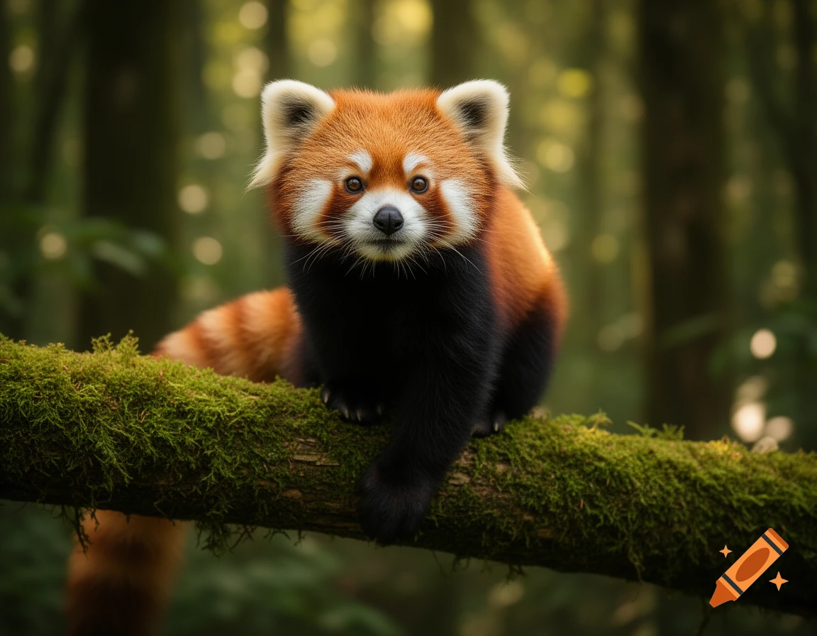 A photorealistic red panda sits on a mossy branch in a forest, looking directly forward.