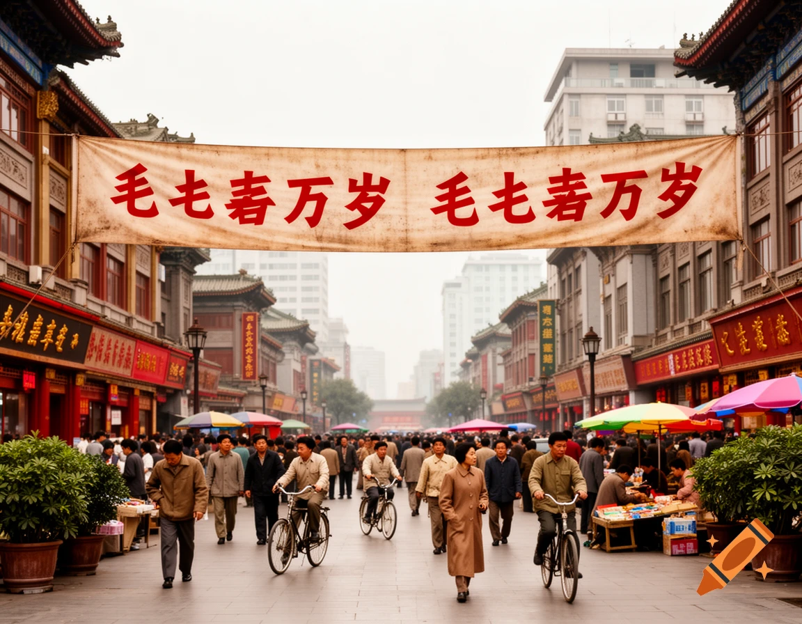 A bustling street scene in an old Chinese city with people walking and cycling, beneath a large banner reading 'Mao zhuxi wansui'.
