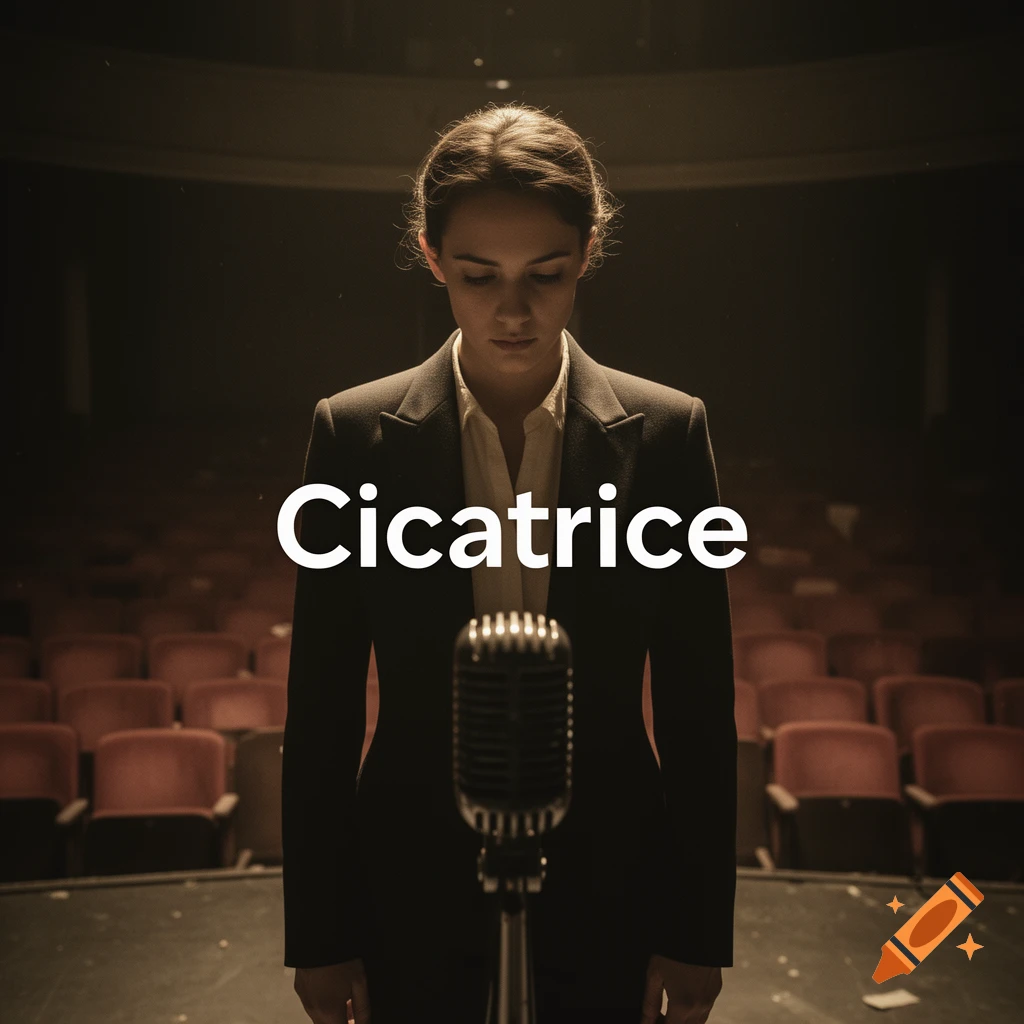 A woman in a suit stands on a dark stage with a microphone, looking down. The word "Cicatrice" is overlaid.