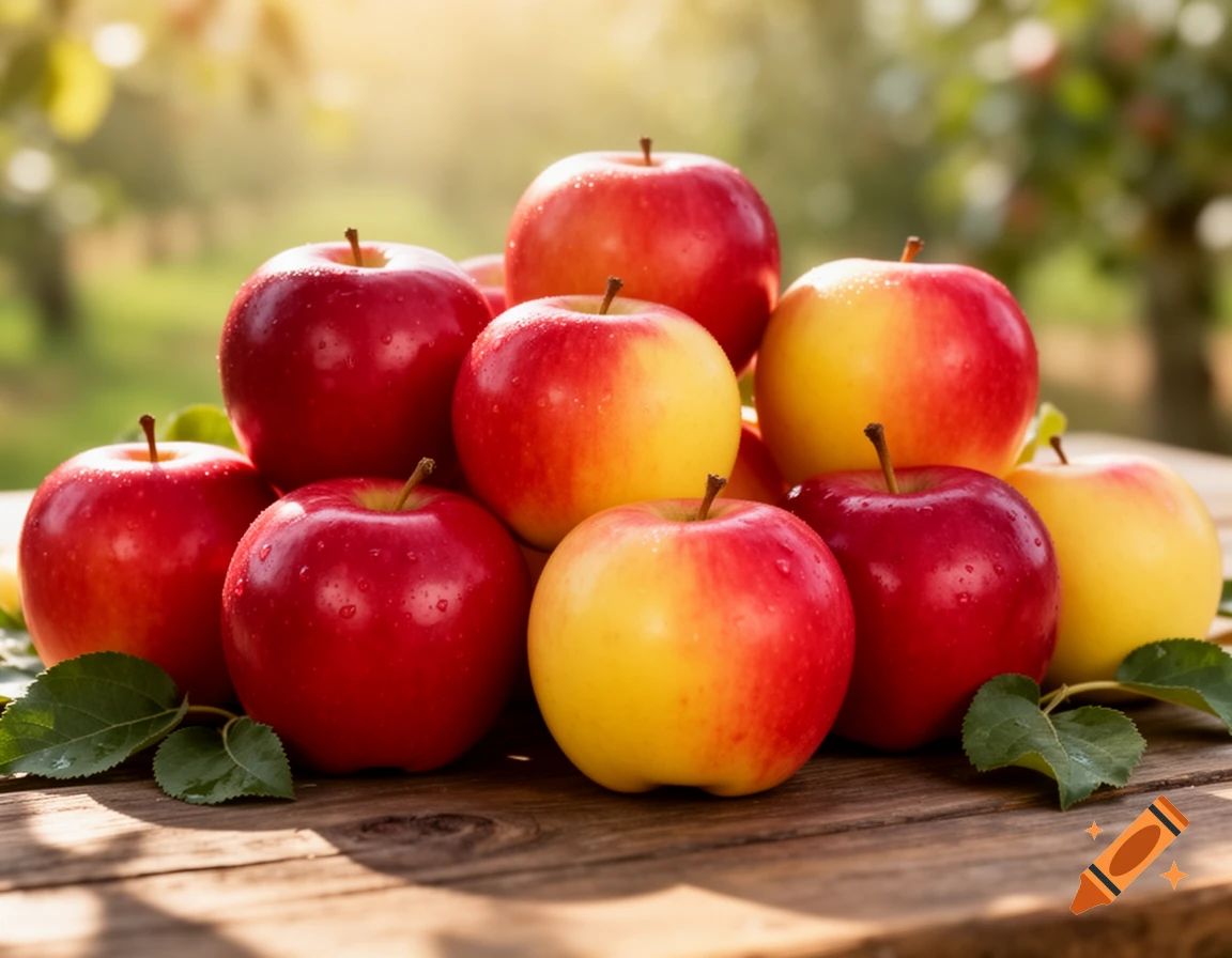 A photorealistic pile of red and yellow apples with water droplets on a wooden table, with sunlight and blurred orchard background.