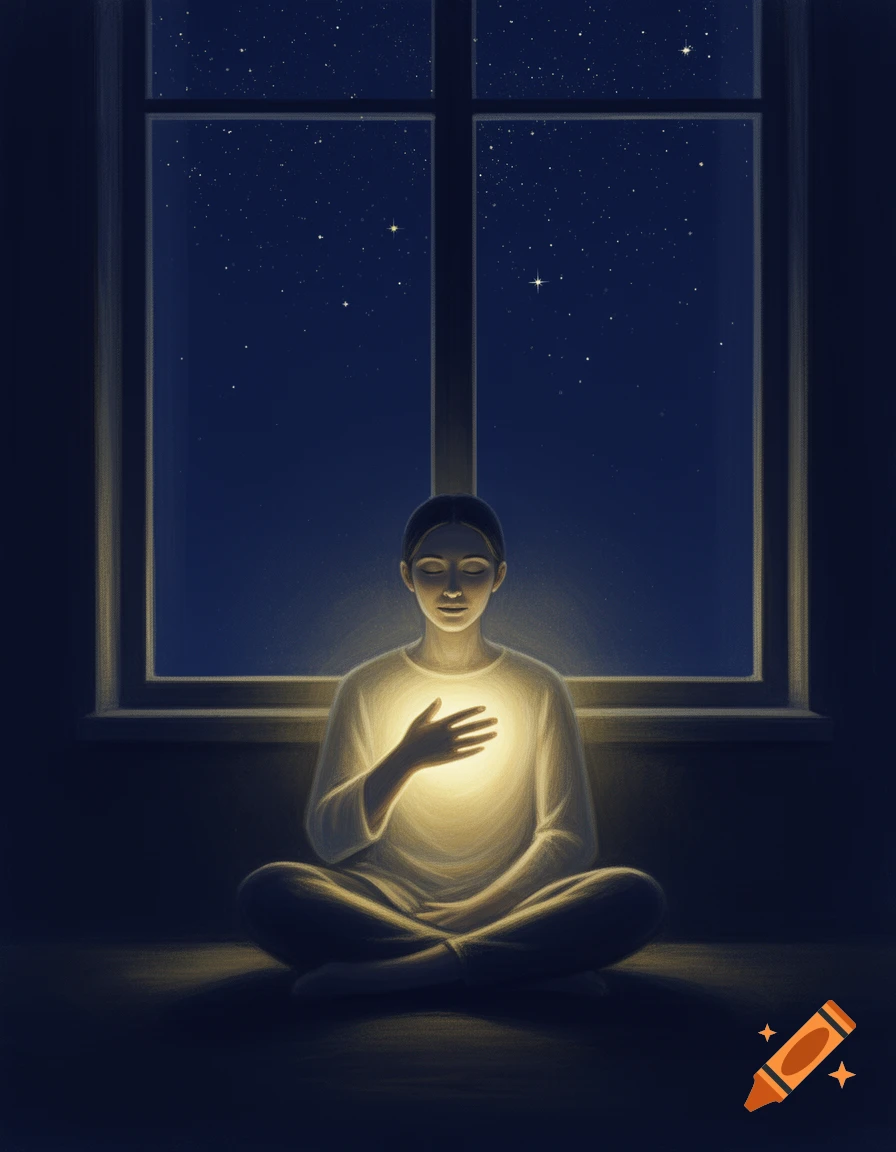 A person sits cross-legged by a window at night, a soft light glowing from their chest, in a painterly style.