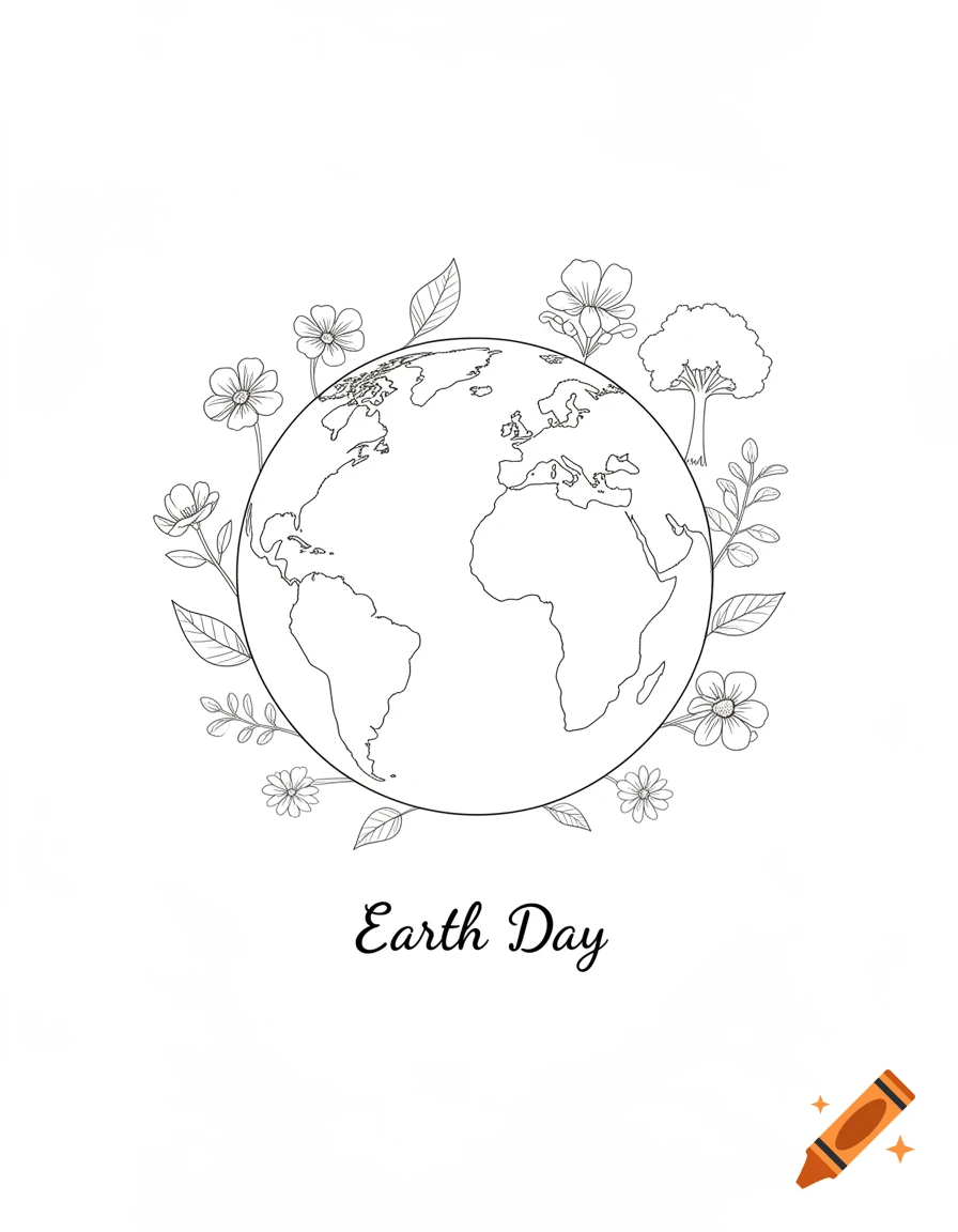 Black and white line art of the Earth globe surrounded by flowers and leaves, with 'Earth Day' text below.