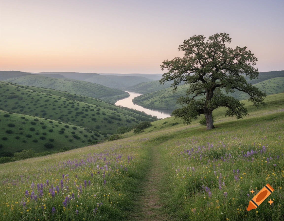 A winding path leads through a field of purple and yellow wildflowers to a large tree on a green hillside overlooking a river valley at dusk.