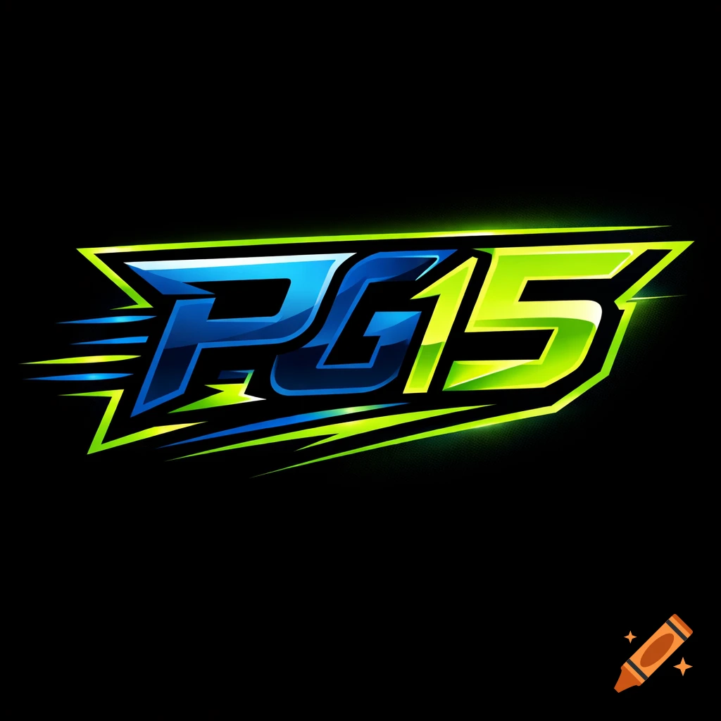 Dynamic motorsport logo with bold blue 'PG' and neon green '15' featuring sharp angles, speed lines, and glowing accents on a dark background.