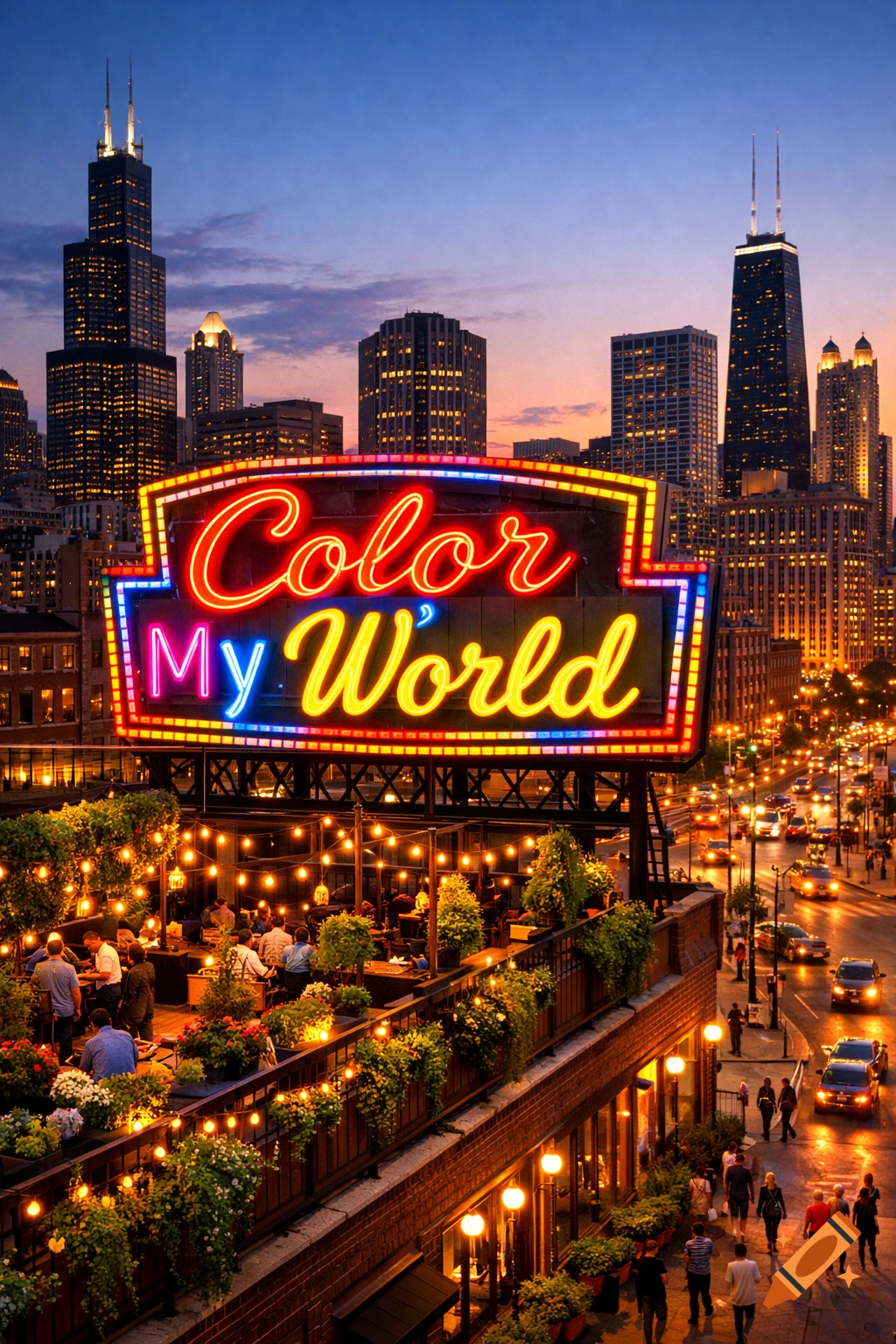 A vibrant cityscape at dusk with a large neon sign reading "Color My World" above a lively rooftop bar, overlooking a busy street.